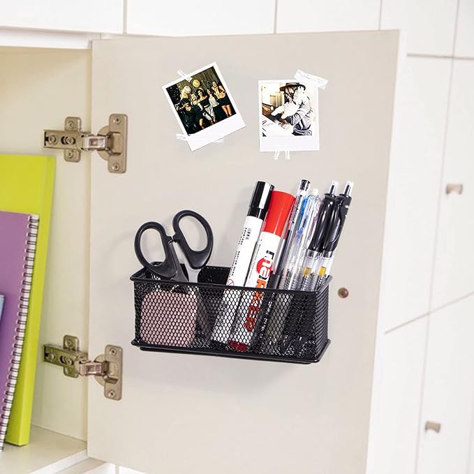 dedoot Magnetic Pencil Holder, Black Mesh Pen Organizer Strong Magnetic Storage Basket Organizes Pens, Pencils, Markers for Whiteboard, Locker, Fridge, Cubicle Desk, Offices 6.3x2.3x2.6inch-NeatNest