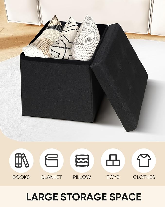 B FSOBEIIALEO Storage Ottoman Cube, Storage Chest Folding Ottomans Footrest for Living Room Seat, 12.6"X12.6"X12.6" (Linen Black)