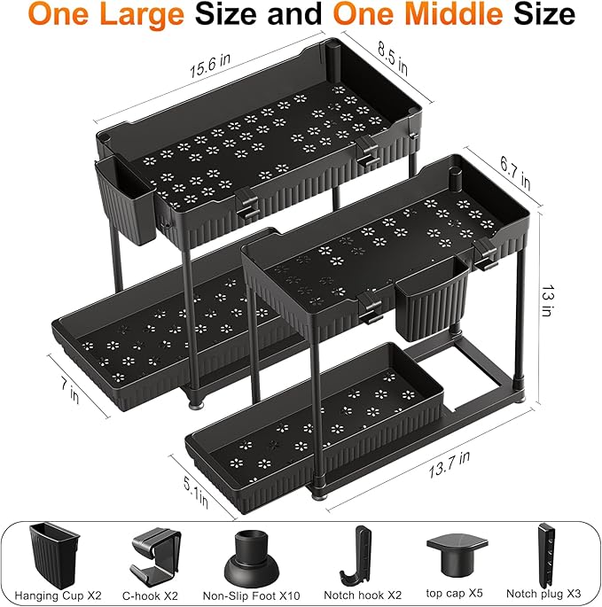 Under Sink Organizer, Bathroom Organizers and Storage, 2 Tier Multi-Use Pull Out Cabinet Organizer with Hang Hooks and Cups (Black, 2 Pack)-NeatNest
