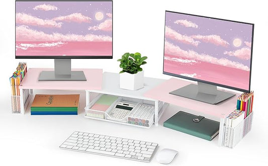 Desk Dual Monitor Stand Riser - Desk Organizer with Drawer and Pen Holders, Office Desk Accessories & Workspace Organization, Computer Monitor Stand for Laptop, Printer(Pink& White)-NeatNest