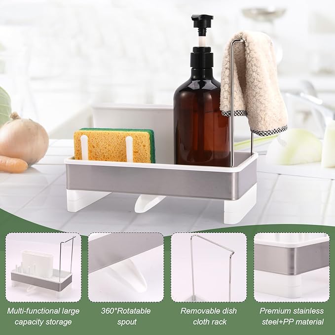 Dish Sponge Holder - Stainless Steel & PP Sink Caddy, 360° Rotatable Self-draining, Space-Saving Kitchen Sink Organizer with Removable Dish Cloth Rack (White)-NeatNest