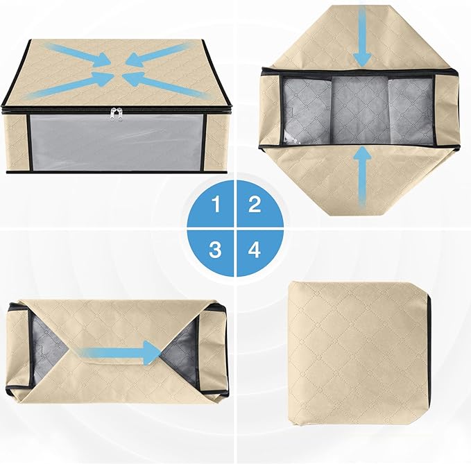 HomeHacks Storage 8-Pack Clothes Organizer Storage Bags Foldable Storage Box with Large Clear Window Sturdy Handles for Closet, Dorm, Pillows, Bedding, Clothes, Blankets, 35L, Beige-NeatNest