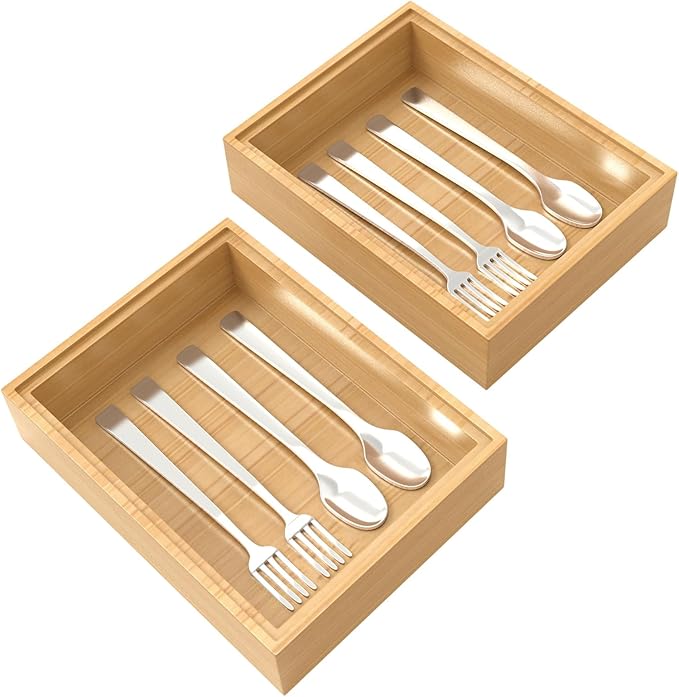 Bamboo Drawer Organizer, 2PCS Stackable Storage Boxes for Utensil Organizer, Wood Tray for kitchen, Bathroom and Bedroom 9" x 6" x 2"-NeatNest
