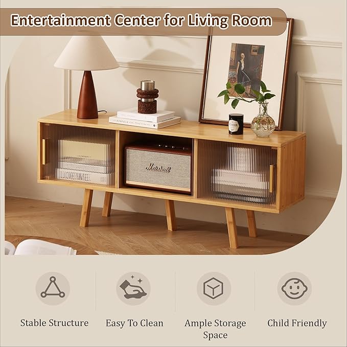 Bamboo TV Stand Entertainment Center- Mid-Century Modern Television Stand for 50 inch TVs, Bamboo Media Console Table, Open Storage Shelves for Living Room, Bedroom and Home Decor-NeatNest