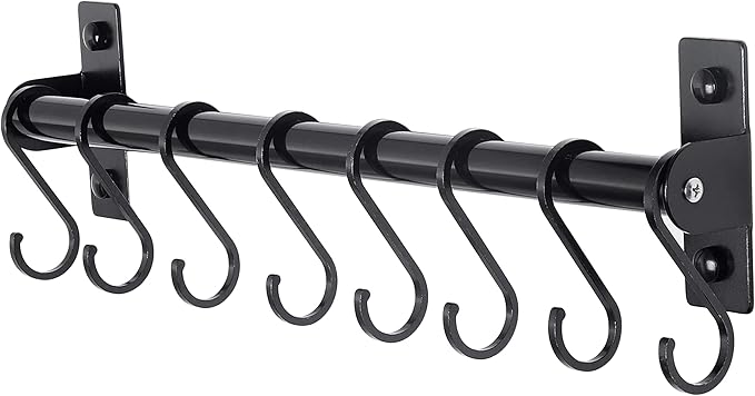 Dseap Kitchen Utensil Holder Hanger, Pot and Pan Rack Wall Mounted, Kitchen Rail with 8 Hooks for Hanging Cooking Utensils, Mugs, Spoons, Wall Mounted, Black-NeatNest