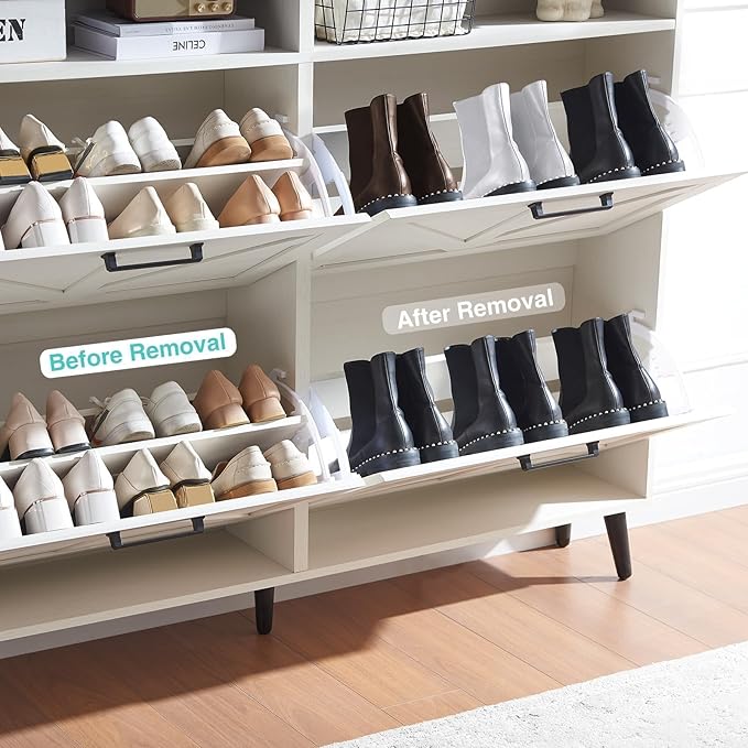 Shoe Storage Cabinet,Farmhouse Shoe Organizer with 4 Flip Drawers & Barn Door Design,Freestanding Hidden Slim Narrow Shoe Rack with Open Shelves for Entryway,Foyer,Hallway,Antique White-NeatNest