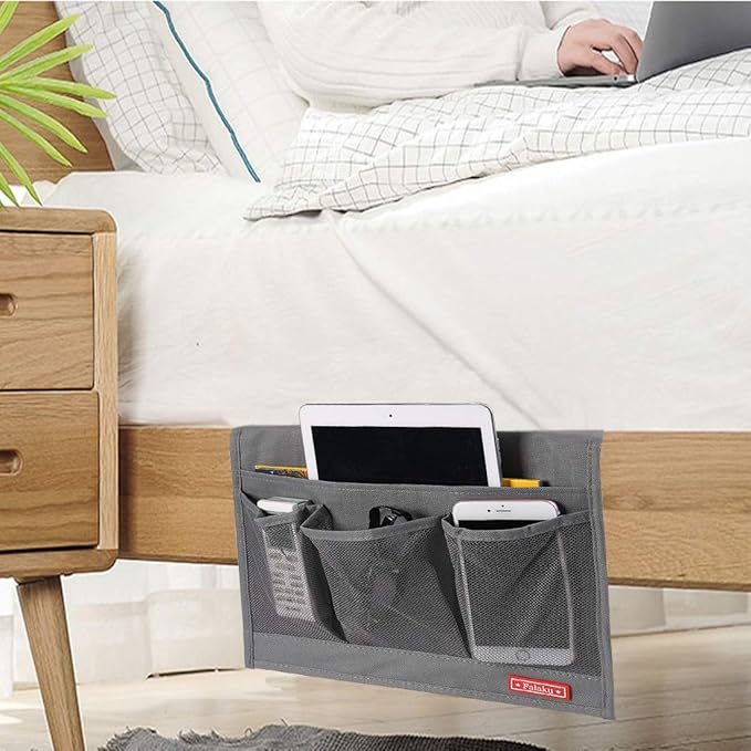 Bedside Caddy,Bedside Organizer Caddy Under Mattress,Holds Magazines,Books (4 Pockets-Grey)-NeatNest