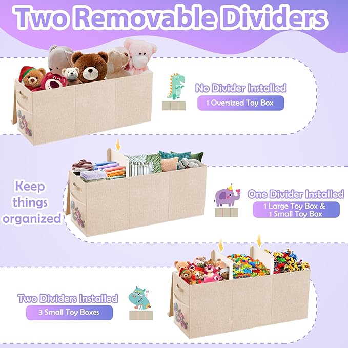 Extra Large Toy Storage Box with Lid Divider, Sturdy Collapsible Toys Organizer Chest Kids Storage Bins Boxes Baskets for Boys, Girls, Nursery, Bedroom, Living Room, Playroom, 40"x14"x16", Beige