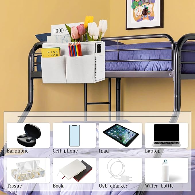 Bedside Caddy White Bedside Hanging Storage Basket Bed Caddy for Headboards Bunk Dorm Rooms Crib Beds Rails Organizer (White)-NeatNest
