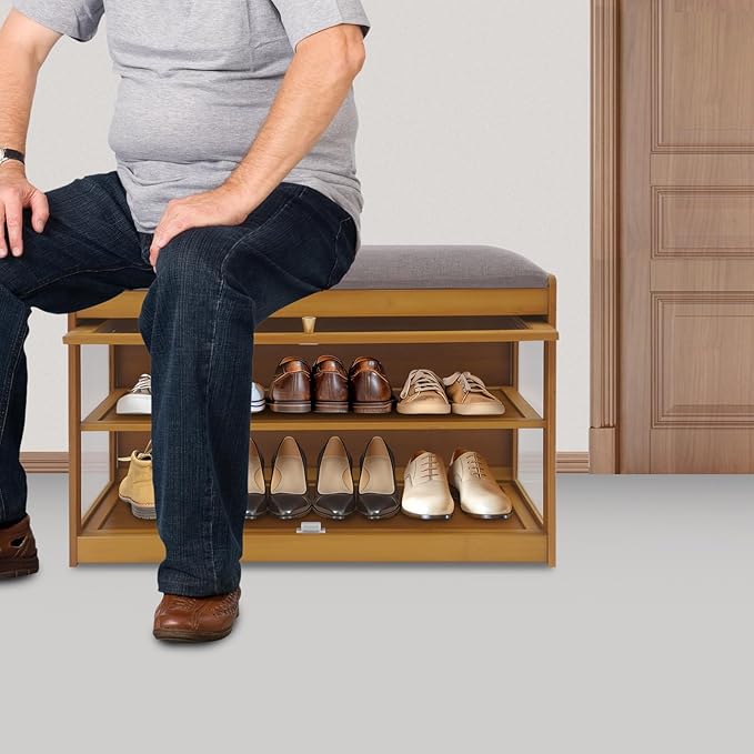 Eapmic Shoe Storage Bench, Entryway Shoe Rack Bench with Padded Seat Cushion, 2-Tier Shoe Cabinet, Bamboo Shoe Organizer for Hallway Bedroom Living Room Front Door (Brown, 27.56 * 12.6 * 16.53in)