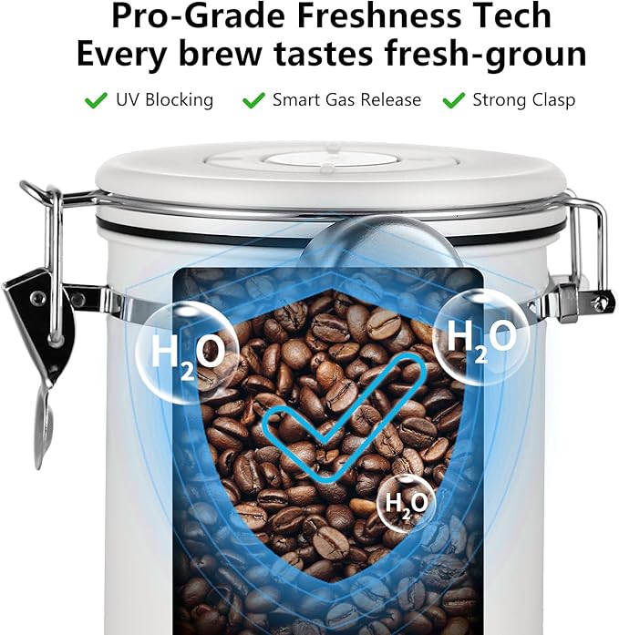 Bincoo Coffee Canister, Airtight Stainless Steel Coffee Bean Storage Container with Date Tracker, Home Kitchen Food Storage Organizers for Grounds,Beans,Espresso,Sugar,Scoop,Bar (1200ML-White)-NeatNest