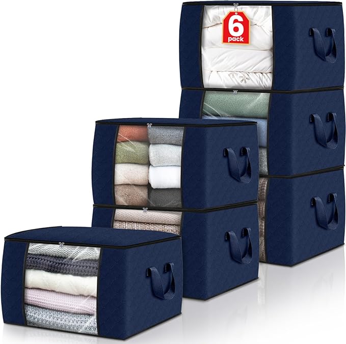 Fab totes 6 Pack Clothes Storage, Foldable Thick Fabric Blanket Storage Bags, Containers for Organizing Bedroom, Closet, Clothing, Comforter,Closet Organization with Handle,Blue-NeatNest