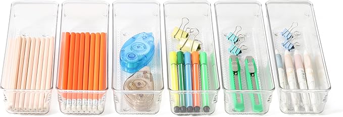 ihomecooker 6 Set Clear Plastic Junk Drawer Organizer Vanity Curlery Utensil Makeups Organizer for Kitchen 9''X 3''-NeatNest