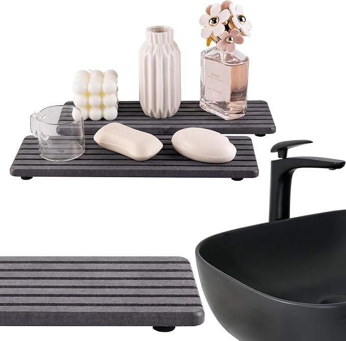 2 PCS Water Absorbent Diatomite Coasters (12.2" x 4"), Grooved Design, Water Absorbing Stone Used for Hand Soaps & Plants & toiletries in The Modern Home-NeatNest