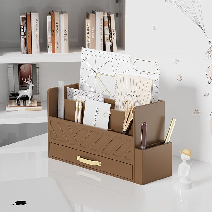 Bamboo Desk Organizer Mail Holder Countertop Wood Desk Drawer Tabletop Storage Box Pen Holder Letter Sorter Makeup Organizer for School Home Office Supplies with Pen Holder Brown-NeatNest