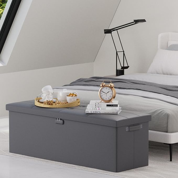 DocSafe Storage Ottoman Bench, Fireproof&Waterproof Folding Bench with Lock(15”x 43”x15”), Leather Storage Chest with Handles&2 Extra Boxes, Ottoman Safe for Bedroom,Living Room,Home Office, Gray-NeatNest