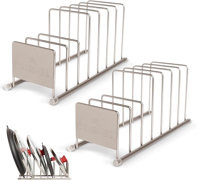 Cuisinel Lid and Dish Organizer Rack - 2-Pack Satin Nickel Kitchen Storage Organization Stand - Plate Holder, Pan/Pot Covers, Cutting Board and Cookie Sheet Divider - 7-Tier Cabinet/Counter Display-NeatNest