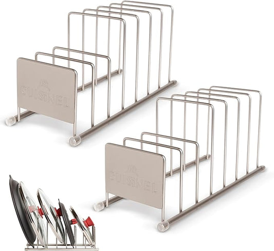 Cuisinel Lid and Dish Organizer Rack - 2-Pack Satin Nickel Kitchen Storage Organization Stand - Plate Holder, Pan/Pot Covers, Cutting Board and Cookie Sheet Divider - 7-Tier Cabinet/Counter Display-NeatNest