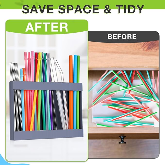 Acrylic Straw Holder for Cabinet Door with Double Sided Adhesive Tape Reusable Straw Organizer Tumbler Storage Kitchen Accessories Container for Counter Cupboard(Classic,Large,Grey)