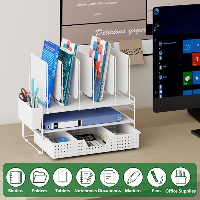 Desk Organizer, Office Organization with Vertical File Holder, File Organizer with Drawer and Pen Holder, Desk Accessories and Workspace Organizers for Home Office (White)-NeatNest