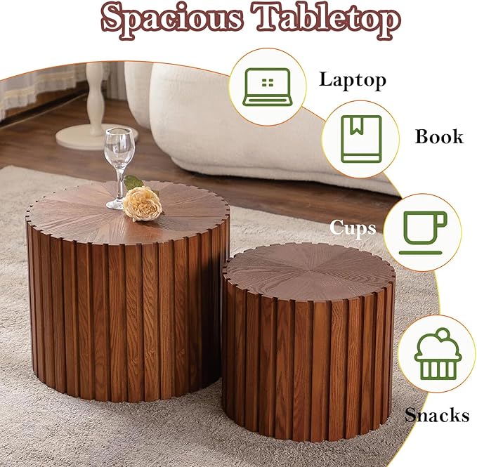 Handcraft Round Nesting Coffee Table - Chic Wave Stripe Edge, Modern Stylish Walnut Wooden Circle Fluted Center Table for Living Room (18.9in+15in)