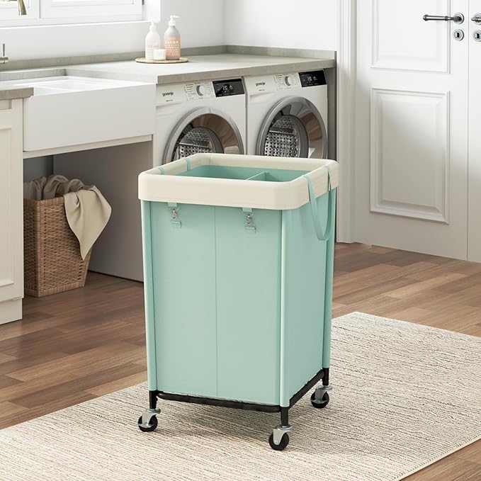 WOWLIVE 160L Rolling Laundry Hamper with Wheels, Heavy Duty Laundry Basket, Large Laundry Cart with Steel Frame and Removable Bag, Dirty Clothes Hamper for Home, Closet, Dorm, Bathroom, Mint Green