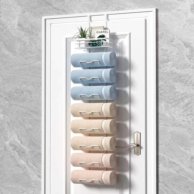 9-Tier Over The Door Towel Rack,Towel Racks for Bathroom, Metal Towel Holder with Storage Basket,Towel Rack for Rolled Towels,Bathroom Shelves,White