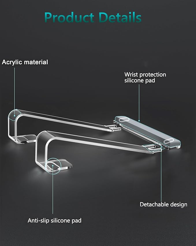 Clear Acrylic Laptop Stand for Desk, with Wrist Rest, Ergonomic Detachable Mount Compatible with 10-17'' All Laptops Such as MacBook Air Pro/HP/Dell/Lenovo-NeatNest