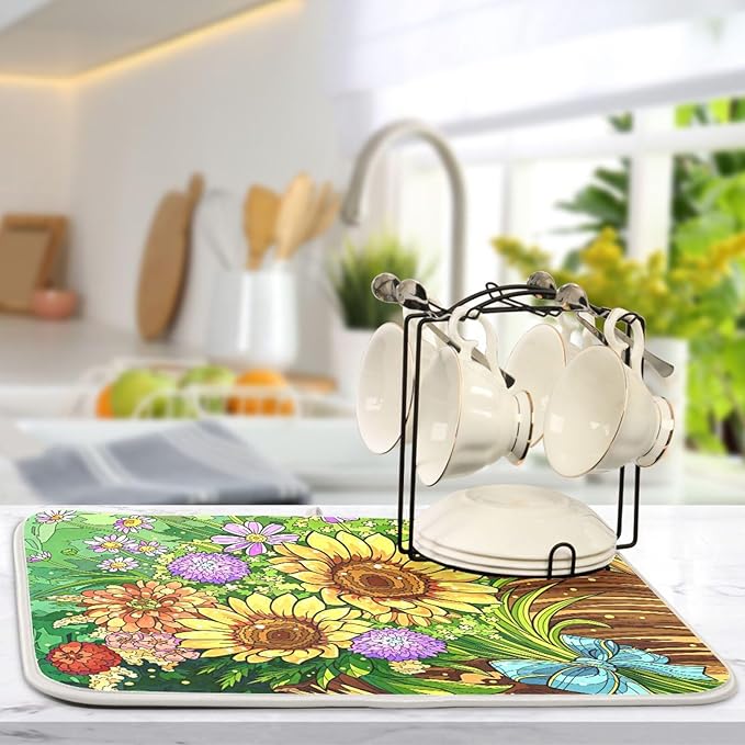 Absorbent Dish Drying Mat for Kitchen Counter - Sunflowers Microfiber Drying Pad, Reversible Drainer Mats for Countertop, Small 16" x 18"