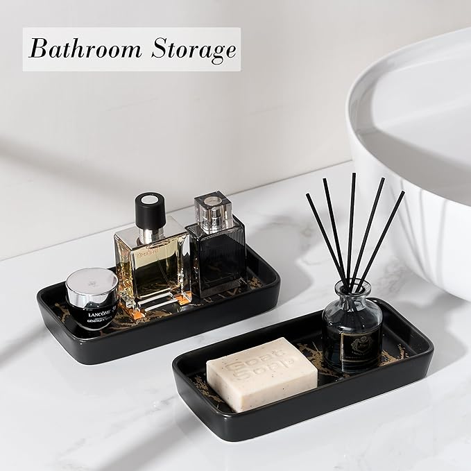 Bathroom Vanity Tray for Countertop,2PC Rectangle Marble Tray Set,Decorative Bathroom Organizer for Scrubber, Lotion Bottles, Perfume, Jewelry, Candle, Key Trinket Ring(Small,Black)-NeatNest