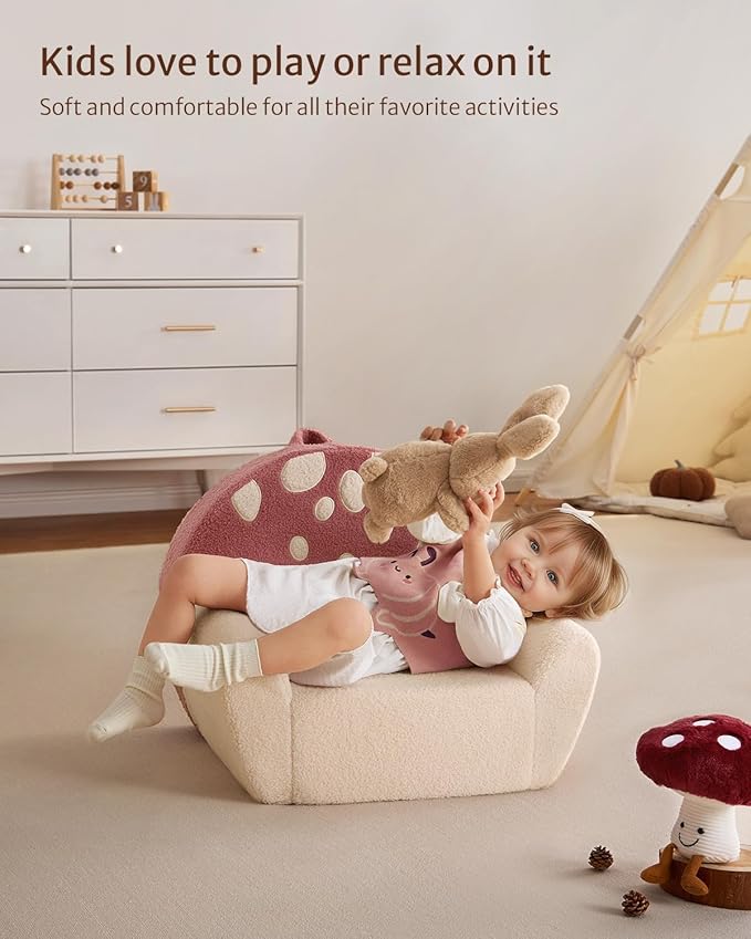 Blissful Diary Toddler Chair Comfy, Foam Kids Chair with Soft Teddy Plush, Toddler Reading Armchair with Cute Mushroom Designs- Rusty Red-NeatNest