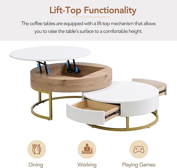 Modern Round Lift-top Nesting Coffee Tables with 2 Drawers White & Natural