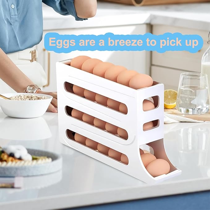 30 Eggs Fridge Dispenser 4 Tier Egg Holder for Refrigerator Countertop Container Large Capacity Auto Rolling Tray Organizer Storage Automatic Distributor Rack Space Saving for Kitchen