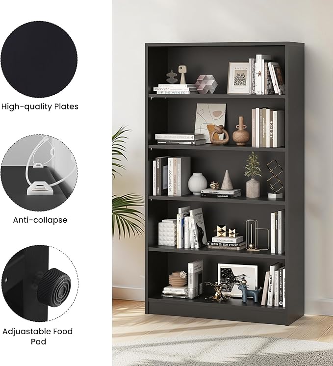 Farini 60 Inch Tall 5-Shelf Bookcase, Wood Bookshelf Storage Organizer Adjustable Shelf for Home Office, Study Room, Easy Assembly,Black