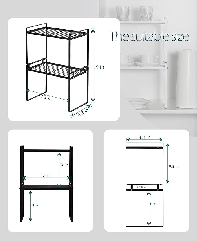 2pk Kitchen Cabinet Shelf Counter Organizer Rack Pantry Storage Bathroom Bedroom Office Table Desk Space Saving Steel Frame Stackable Rust Resistant Non Slip Black-Tall-L13in W8.3in H9.5in-NeatNest