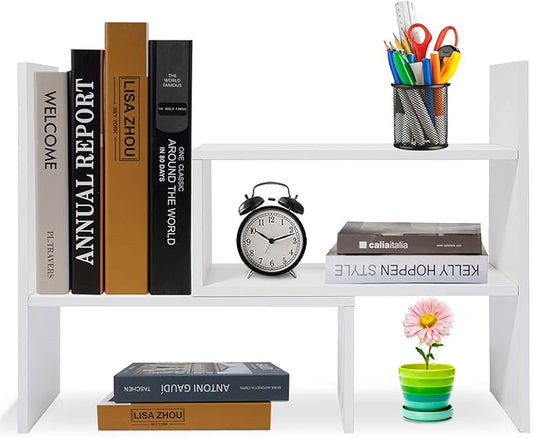 Desk Shelf, Adjustable Desktop Storage Organizer, Wood Display Shelf Rack, Office Supplies Desk Organizer,White-NeatNest