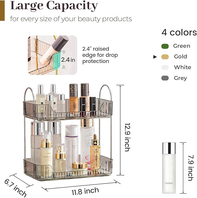 Aveniee Bathroom Counter Organizer Countertop, Makeup Perfume Shelf Storage, 2 Tier Skincare Cosmetic Tray for Dresser Vanity - Grey-NeatNest