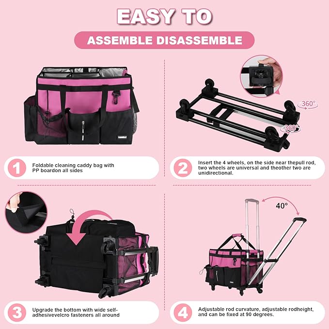 Extra-Large Rolling Cleaning Caddy with Wheels,Cleaning Caddy Bag with Detachable Trolley,Water Resistant Lining Cleaning Supply Organizer with Handle for Cleaners,Housekeepers