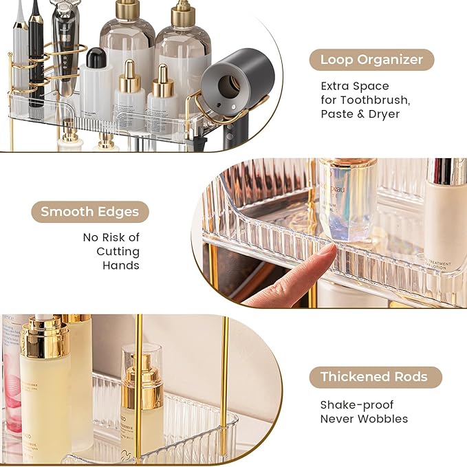 Aveniee Bathroom Counter Organizer Countertop, 3 Tier Makeup Perfume Storage with Hair Dryer Rack and Toothbrush Holder, Cosmetic Tray for Vanity - Clear-NeatNest