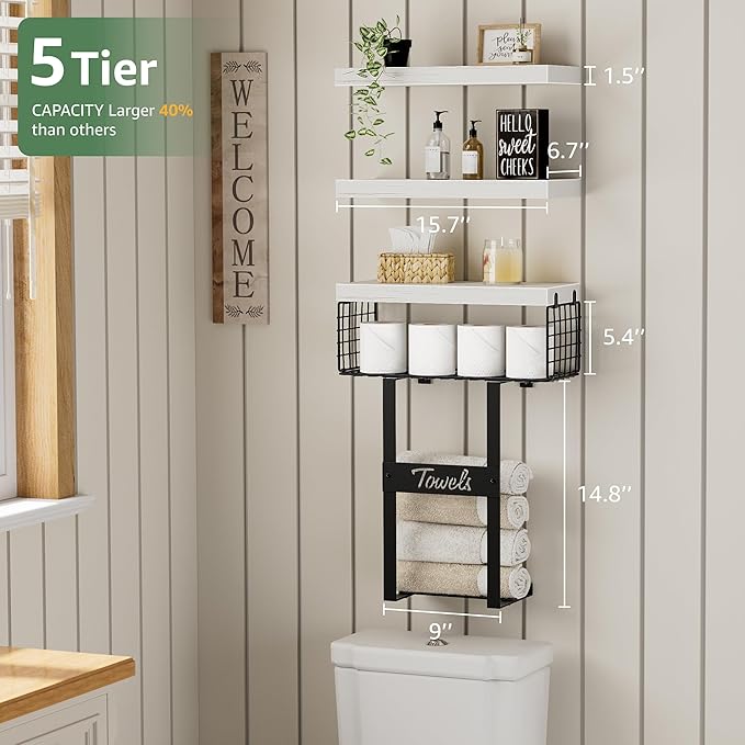 Bathroom Shelves Over Toilet - Floating Shelf for Wall Above Toilet Towels Holder Small Farmhouse Decor Shelves (15.7 inch, Set of 3, Distressed White and Black)-NeatNest