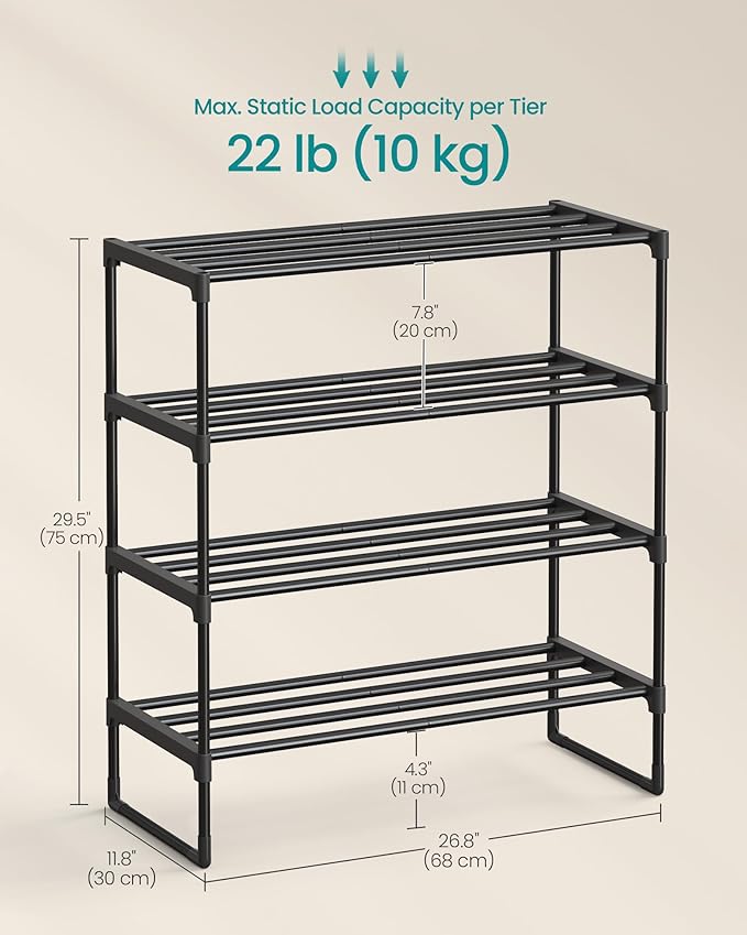SONGMICS Shoe Rack, 4-Tier Shoe Organizer, Metal Storage Shelf, Upright or Upside Down, for 10-15 Pairs, Stackable, for Entryway, 11.8 x 26.8 x 29.5 Inches, Black ULSA204B01-NeatNest