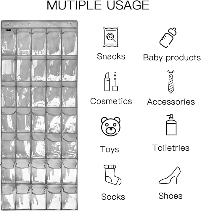 Clear Crystal 2 Pack 35 Pockets Large Hanging Shoe Organizer Over The Door Shoe Rack for Closet Door Storage Shoe Holder Hanger, 8Hooks, grey-NeatNest