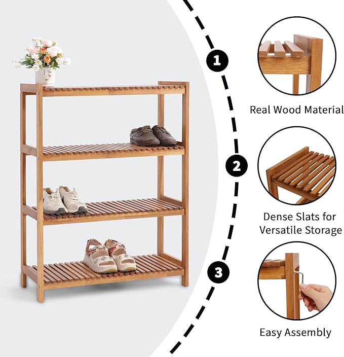 4-Tier Long Acacia Wood Shoe Rack, Wide Natural Shoe Storage Shelf for Entryway, Stackable Wooden Plant Stand Organizer for Closet, Bedroom, Kitchen, Indoor and Outdoor-NeatNest