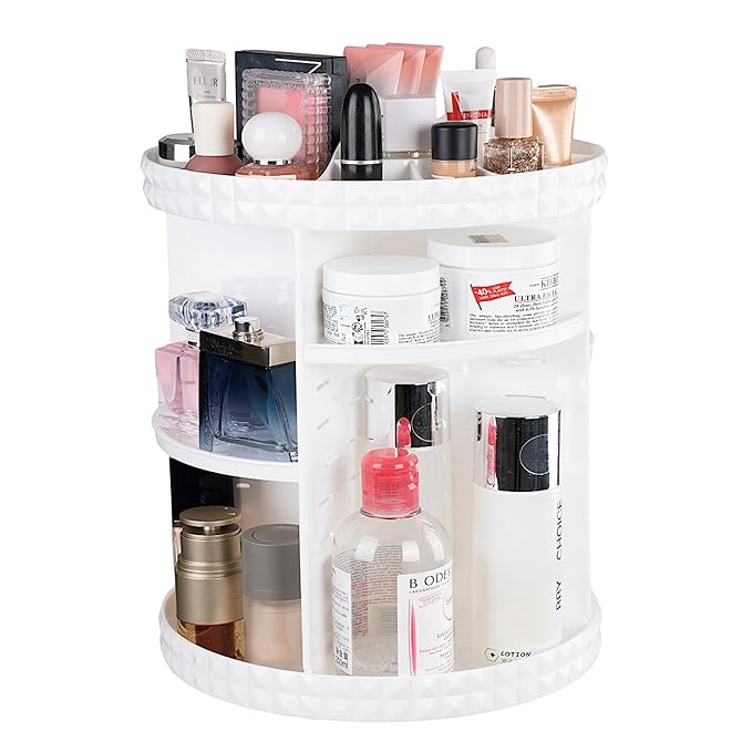 V-HANVER 360 Rotating Makeup Organizer Perfume Organizer White Cosmetic Storage Display Case Large Capacity Acrylic Beauty Holder Adjustable Partition Height for Bedroom Dresser or Bathroom Vanity-NeatNest