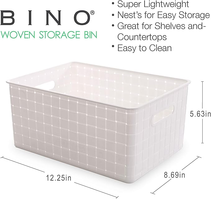 BINO Plastic Basket, Medium - White, 4 Pack, THE STABLE COLLECTION, Multi-Use Storage Basket, Rectangular Cabinet Organizer, Baskets for Organizing with Handles, Home & Office Storage Organizer-NeatNest