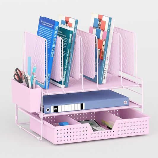 Desk Organizer, Office Organization with Vertical File Holder, File Organizer with Drawer and Pen Holder, Desk Accessories and Workspace Organizers for Home Office (Pink)-NeatNest
