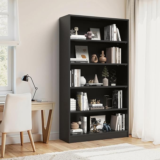Farini 60 Inch Tall 5-Shelf Bookcase, Wood Bookshelf Storage Organizer Adjustable Shelf for Home Office, Study Room, Easy Assembly,Black