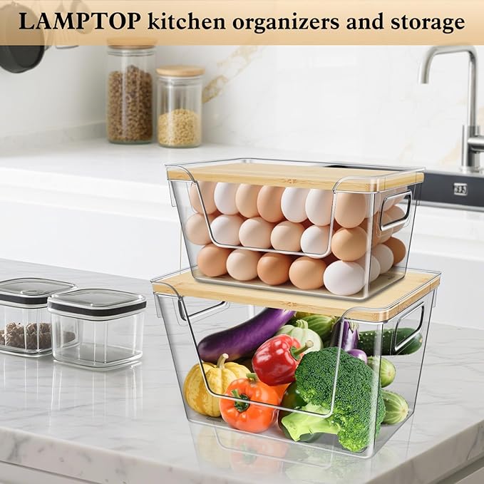 4 Set Pantry Organizers and Storage with Bamboo Cover, Fruit and Vegetable Can for Kitchen Organizer, Clear Front Open Bins with Handle Storage Bins for Potato, Onion, Garlic, Fruits, Vegetable