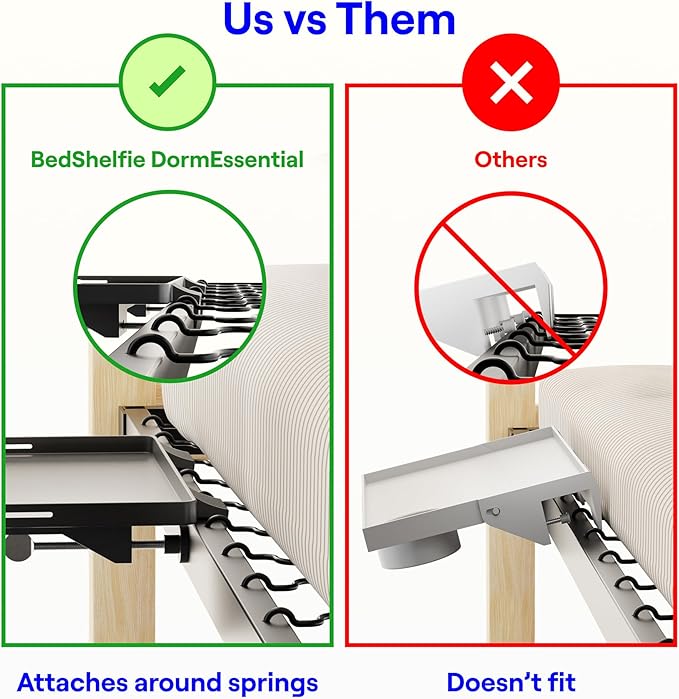 BedShelfie Bedside Shelf for Dorm Room Bunk Bed & Top Bunk, College Dorm Room Essentials, Bedside Caddy, Clip on Floating Tray, Bed Side Table Storage, Loft Nightstand Decor - Dorm Essential, Black-NeatNest
