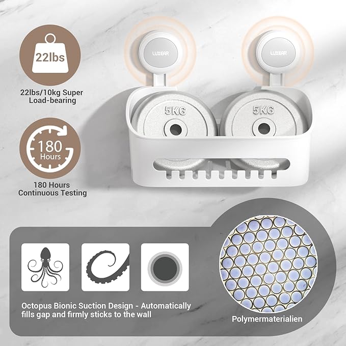 LUXEAR 4 Pack Shower Caddy Set - Suction Cup Shower Shelf+Soap Dish+Hooks - 1 Sec Installation NO-Drill Removable Powerful Waterproof Organizer